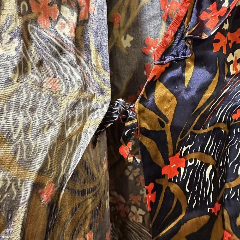 Vintage Wrap Silky Satin Robe Dressing Gown Floral Kimono Maxi Bell Sleeve 80s